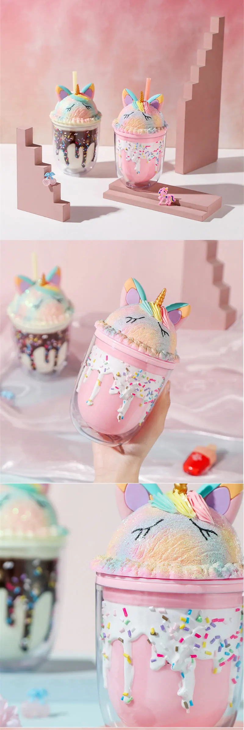 Straw Unicorn Cartoon Ice Cream Creative Drinking Cup