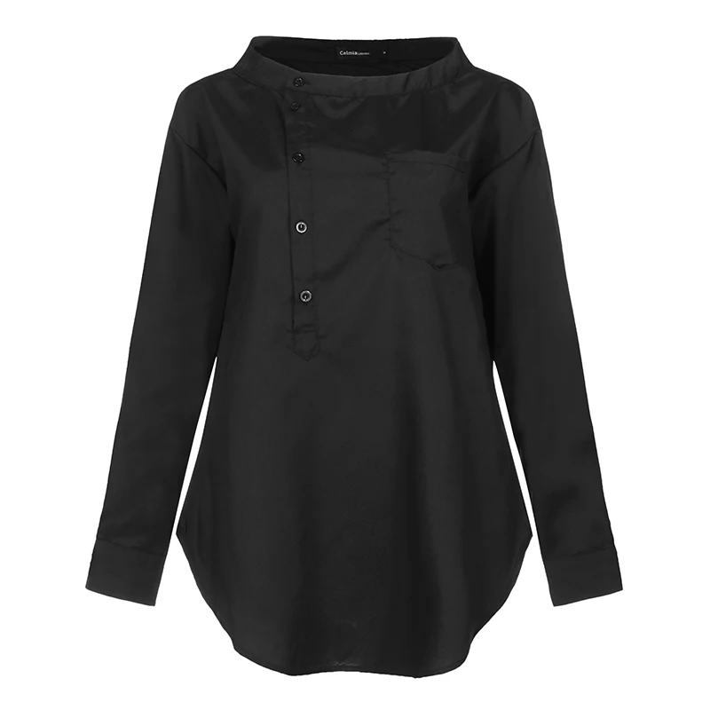 Топы размера плюс, женские блузки с длинным рукавом, повседневные рубашки, осень, на пуговицах, асимметричные, свободные, одноцветные, Blusas Femininas - Цвет: Черный