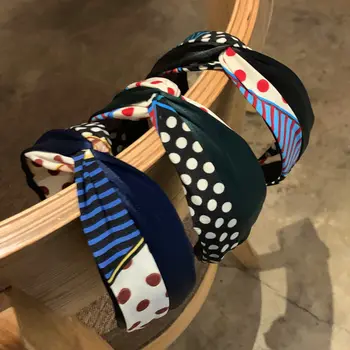 

Women's Trendy Dress Contrast Striped Polka Dots Stitching Hoop Middle Knotted Wide Edge Hoop Headdress Simple Face Washing Hair