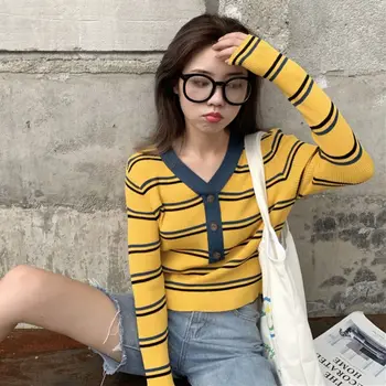 

Womens Sweater Button V-neck Tops Soft Knitted Striped Ladies Autumn Pullover Jumpers