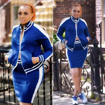 

Casual Women Skirt Set Side Striped Color Patchwork Two Pieces Set Crop Jacket Coat + Skirt Autumn Winter Cloth For Femme