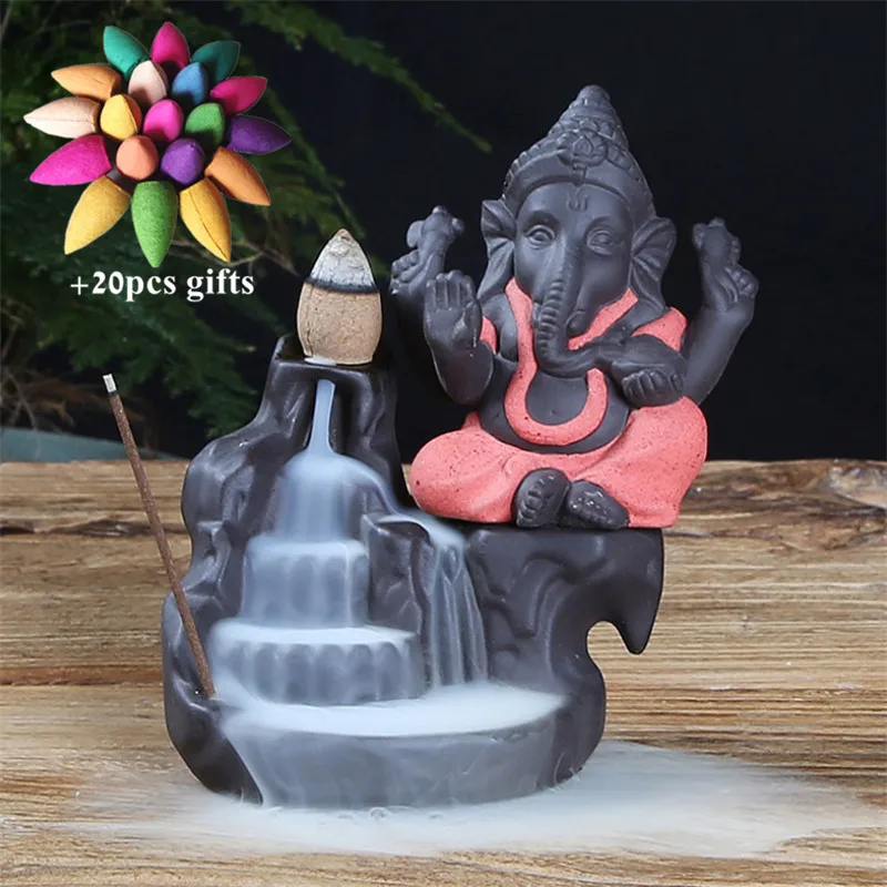 Керамический Бог слон Ganesha курильница для благовоний горелка Индия водопад курильница подставка для ароматических палочек домашний декор+ 20 шт Бесплатные конусы - Цвет: Red-A