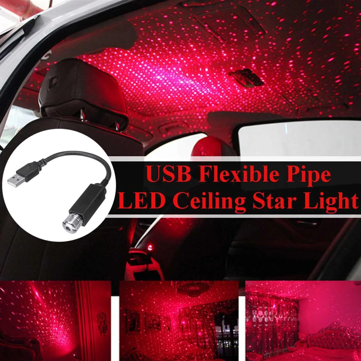 LED Car Interior Atmosphere Ceiling Night Star Light Lamp Flexible Pipe Roof Decoration USB Port Armrest Atmosphere Light Roof