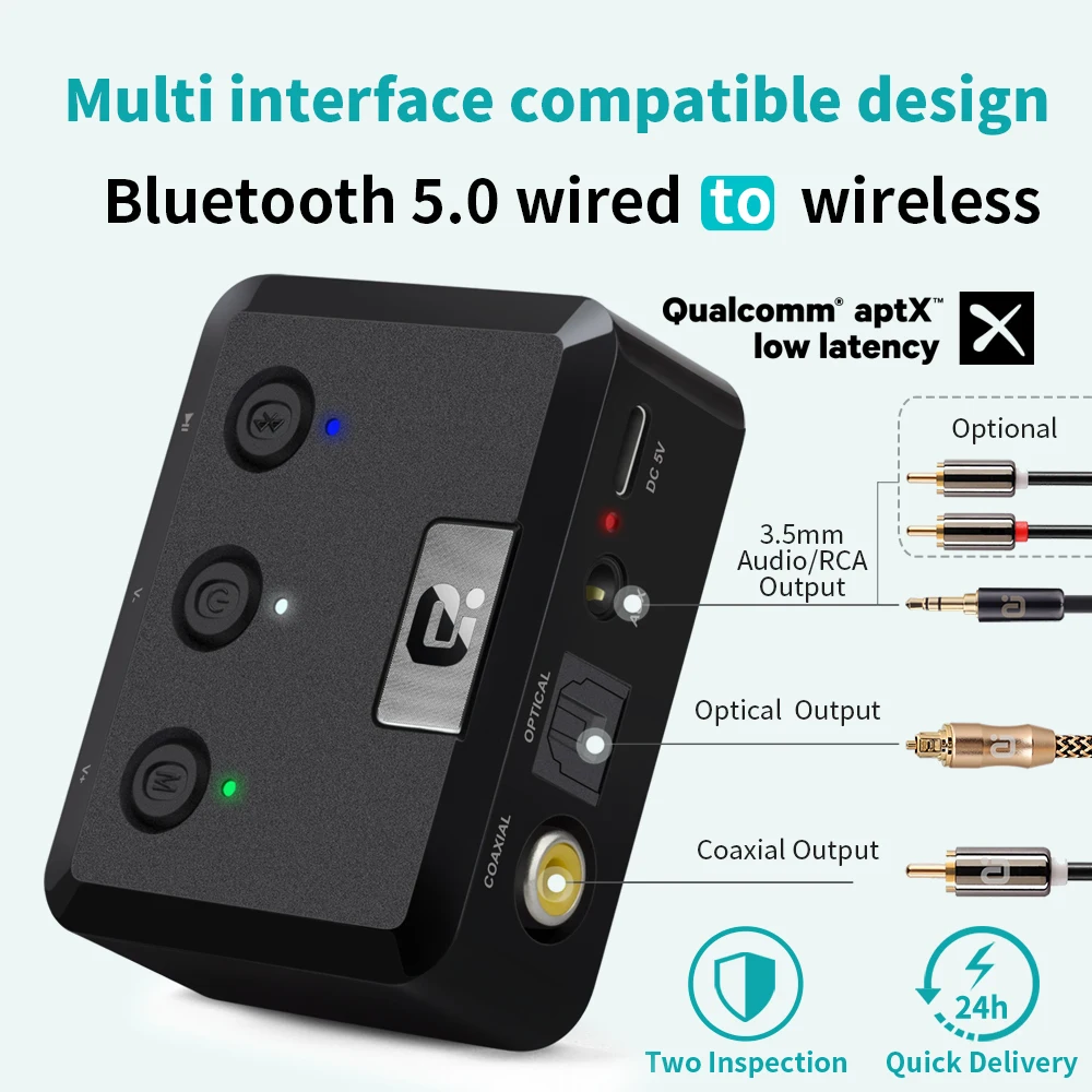 

MR235B Optical Coaxial Bluetooth 5.0 Receiver aptX ll 3.5mm Jack Aux Wireless Audio Adapter aptX Low Latency