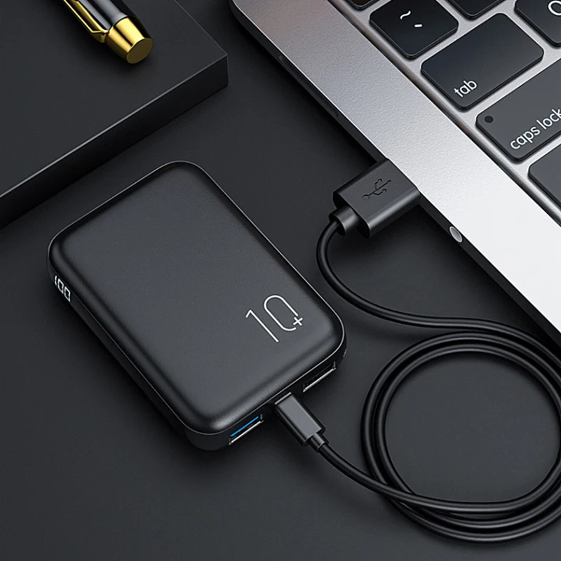 Baratos Mini banco de energía de 10000mAh de carga rápida pantalla lateral cargador portátil de doble salida rápida USB Micro USB Tpye C banco de potencia de carga rápida
