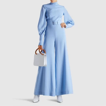 

2020 New Fashion Elegant Solid Jumpsuits For Women Long Sleeve Spring Fall One Piece Lady Rompers Flare Pants Wide Leg Trousers