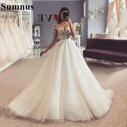 Sumnus Glitter Wedding Dresses with Puff Short Sleeve Vintage Bride Dress 2022 Boho Princess Wedding Gowns Robe de Mariee