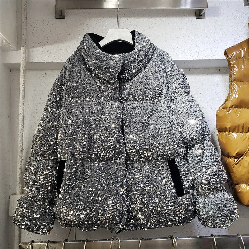 

Winter 2020 New Cotton Clothing Fashion Women's Heavy Sequin Warm Thicken Parka Coat Loose Standing Collar Short Bread Coat