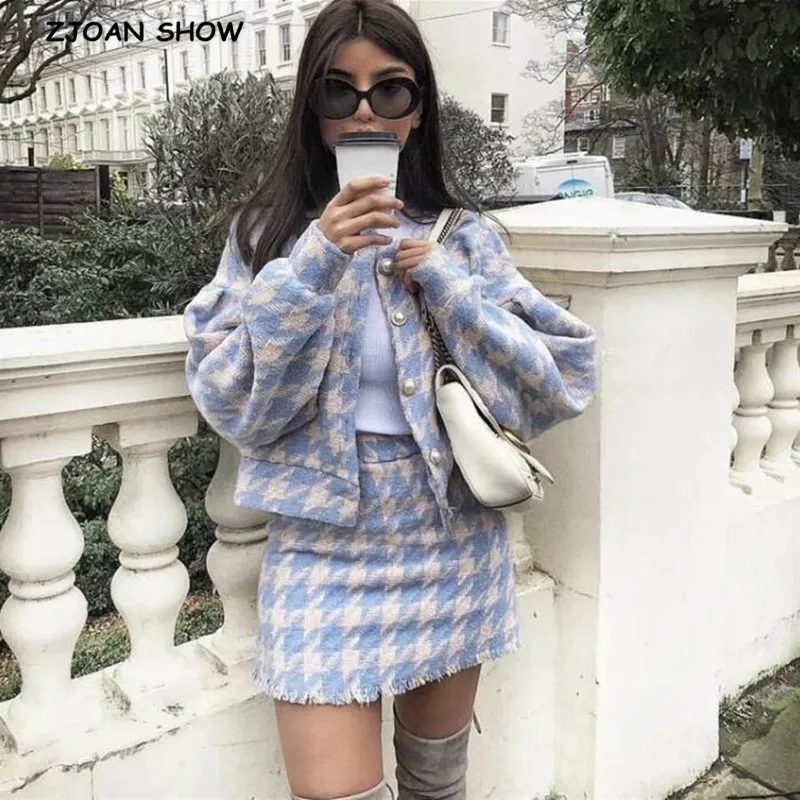 Suits Blazer Short-Skirts Gingham Pearl Plaid Vintage 2pieces-Set High-Waist Women Long-Sleeve