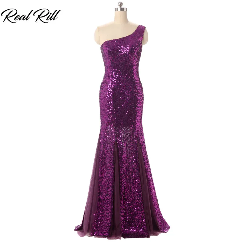 

Real Rill One Shoulder Evening Dress 2019 Purple Tulle Floor Length Mermaid Dress With Sequins Evening Gown For Women