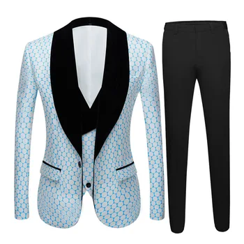 

New Men Wedding Suit Set 3 PCs Dot Printed Slim Notch Lapel Tuxedo Tailcoat Gala Prom Festival Show Blazer(jacket+vest+pant)