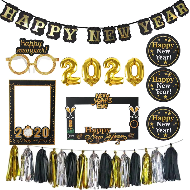 Happy New Year 2020 Decorations Wine Bottle Foil Balloons Air Globos Photo Booth Frame Props 2020 Cake Toppers Eve Party Decor