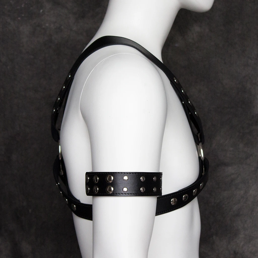 Black Body Chest Harness - Punk Goth Artificial Leather Belt with Buckles Rings for Men Women