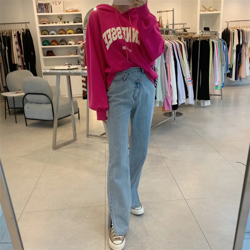 

Women Vintage High Waist Jeans Long Length Wide Leg Pants Denim Side Split Trousers Buttons Design Streetwear Vaqueros Mujer