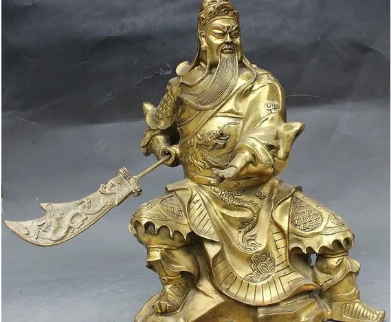 321 Chinese Brass Dragon Beast Knife Seat Guan Gong Yu Warrior God Statue | Дом и сад