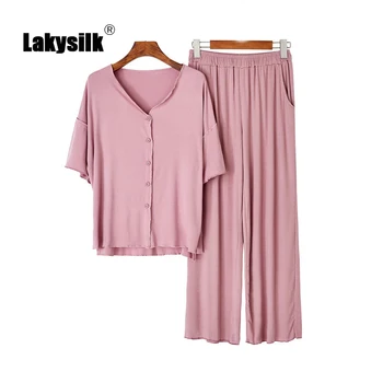 

Comfortable Modal Homewear Set Women's Solid Pajamas Cotton V-neck Short-sleeve Cardigan+Trousers New Spring and Summer