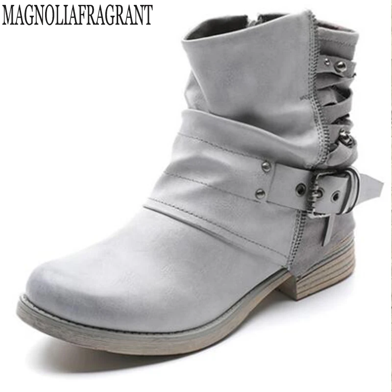 boots women Vintage Belt Buckles Women Boots Autumn Winter Leather stitching Ankle Boots rivet Ladies Boots botas mujer y130