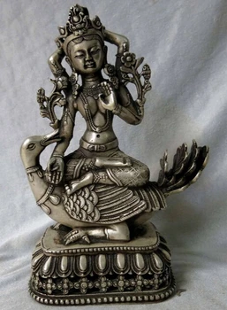 

zhaomeirui67++8" China silver carved Buddhism Duck Four arm buddha Sculpture Statue