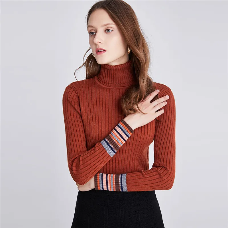 Winter Women's Sweater Korean Knitted High Neck Striped Warm Tunic Turtleneck Cashmere Jumper Long Sleeve Black Pullover | Женская