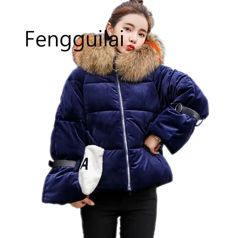 2021 Korean Simple Winter Big Fur Collar Coat Women Thick Warm Cotton Padded Parkas Gold velvet Winter Jacket Winter Collection 2021 riga velvet thickening cotton padded clothes loose warm cotton padded jacket embroidered down parka