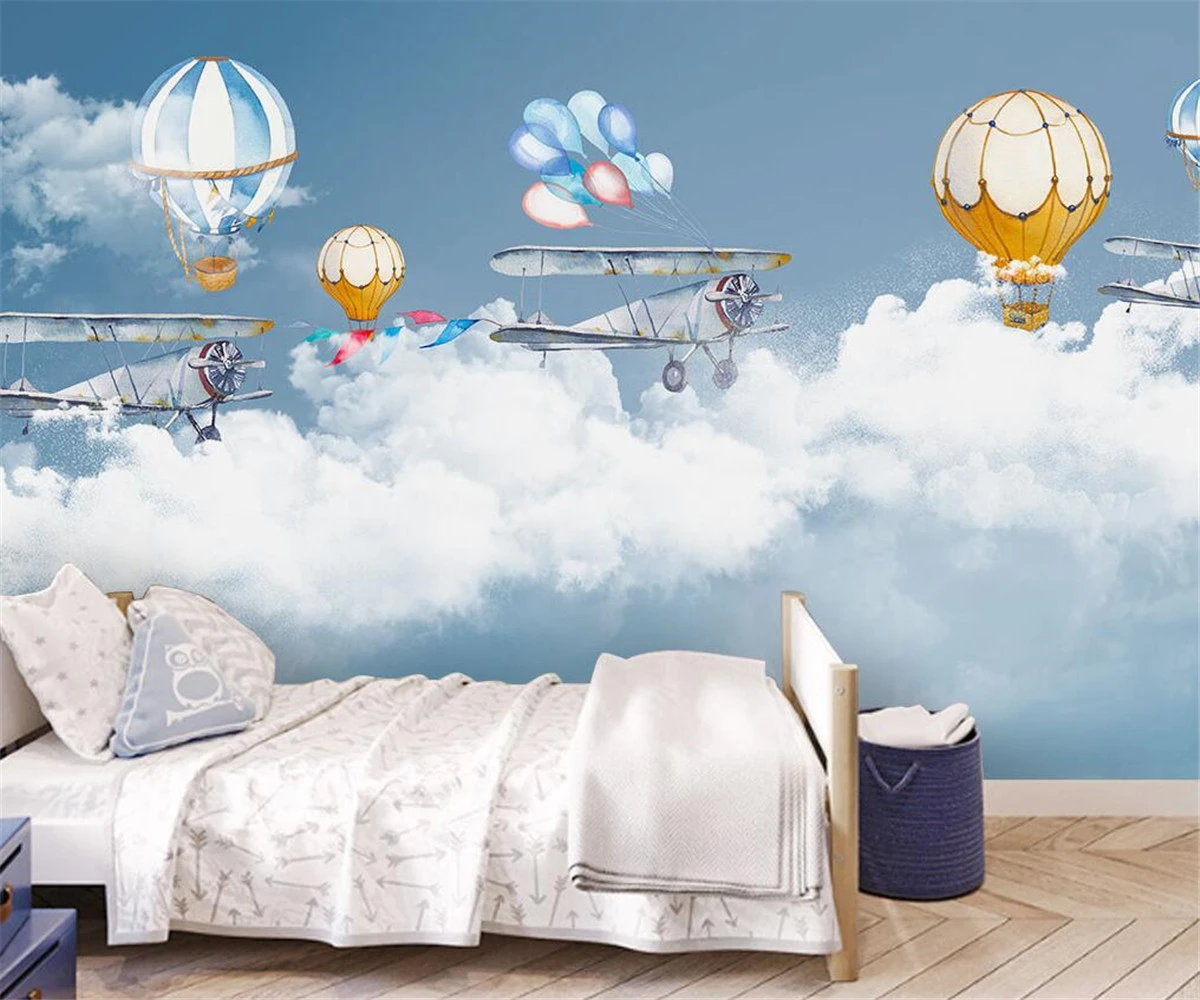 Custom Behang Foto Handgeschilderde Luchtballon Sterrenhemel Kinderkamer Muurschildering 3d behang|Behang| - AliExpress