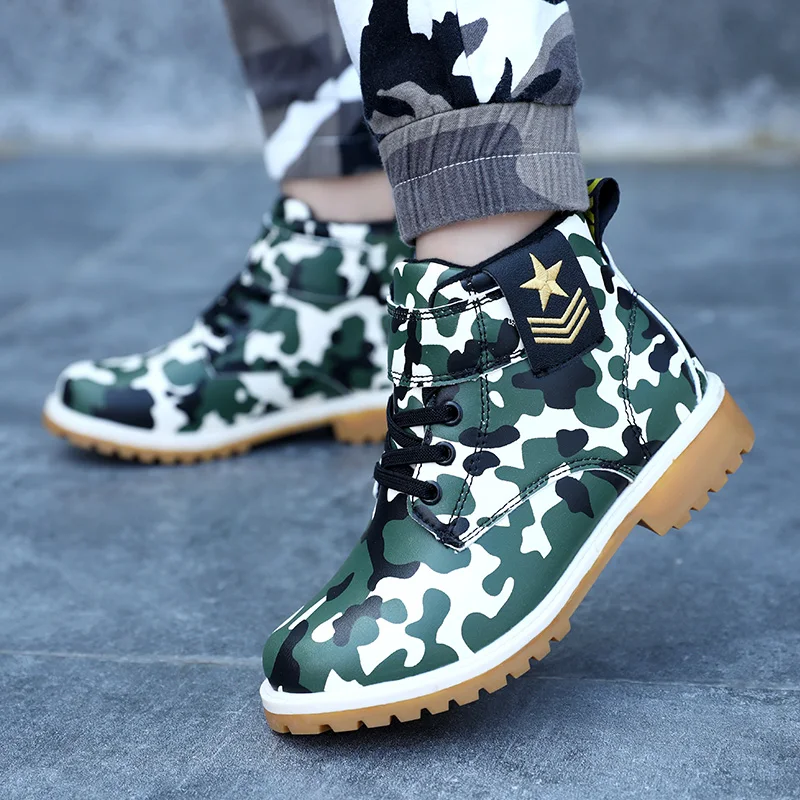 Fur Children Boots Boys Girls PU Leather Waterproof Boots Fashion Ankle Boys Baby Boots Camouflage Kids Boy Shoes