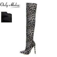 

Onlymaker Women Zipper Pointed Toe Thin Heels Over the Knee Boots Fashion Sexy Winter Ladies Leopard Print Party Dress Shoes