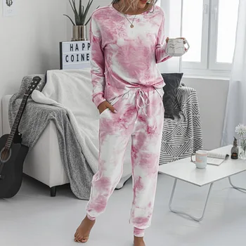 

Tie Dye Print Hooded Fitness Women Pajamas Two Piece Sets Long Sleeve Pants Female Home Clothes Summer Fashion Casual Set