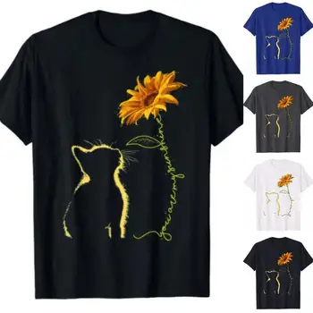

Cat sunflower print tshirt women casual short sleeve o neck tee tops for female cartoon cute t-shirts femme clothings