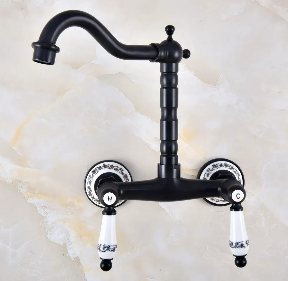 

Black Oil Rubbed Bronze Dual Ceramic Handles Bathroom Kitchen Sink Faucets Two Hole Wall Mounted Swivel Spout Mixer Tap tnf830
