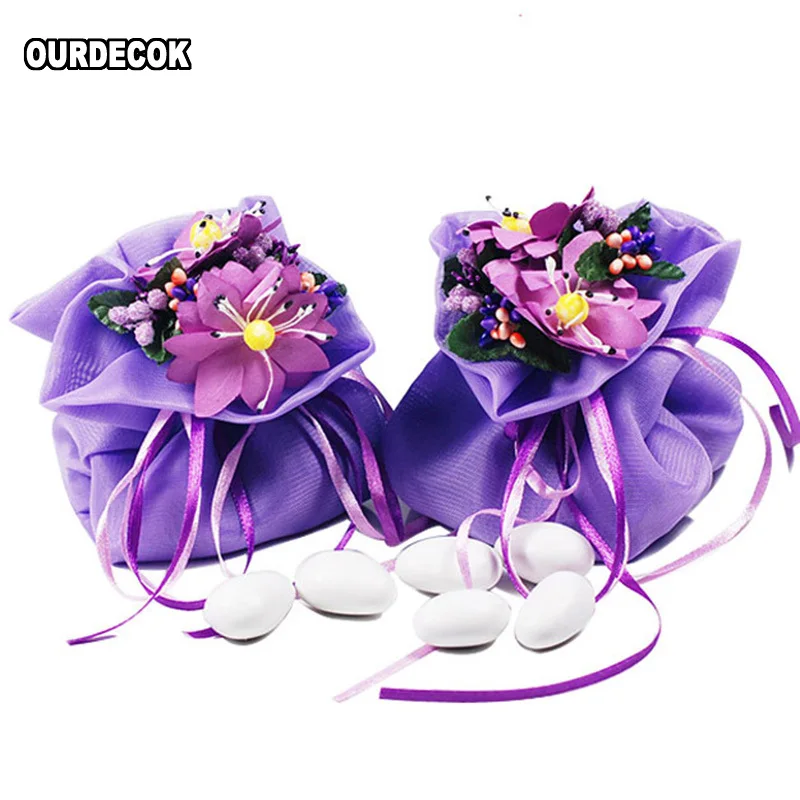 

50 Pcs Luxurious Creative Drawstring Wedding Candy Bags with Flower Decor Elegant Anniversary Gift Pouches Wedding Party Supply