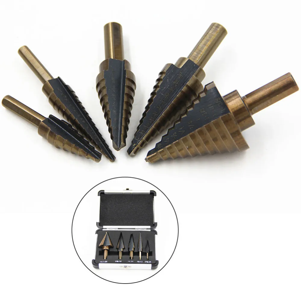 

5pcs Hss Step Drill Bit Set Cone Hole Cutter Taper Metric 1/4-1-3/8 3/16-7/8 1/4-3/4 1/8-1/2 3/16-1/2 Metal Hex Core Drill Bits