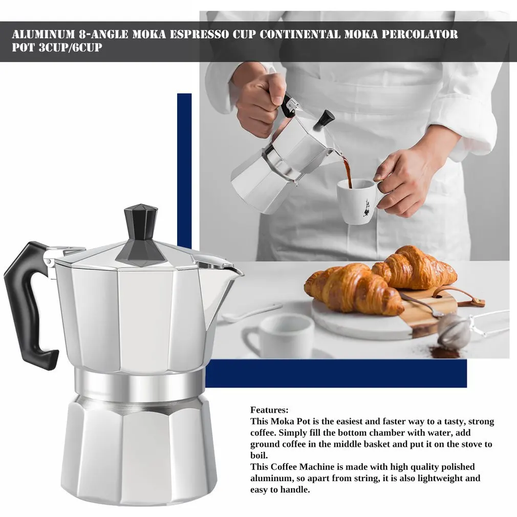 3cup/6cup алюминиевый 8-Angle Moka горшок эспрессо Плита Топ Кофеварка Moka чашка эспрессо Континентальный Moka Percolator горшок