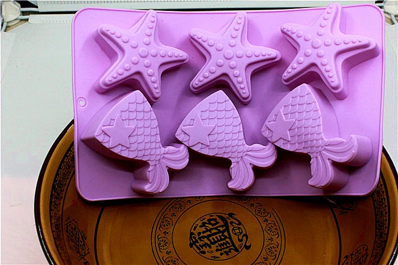 New 6 Cavity Oceans Series Fishtail Starfish Silicone Mould Non-stick Mermaid Shape Cake Soap Ice Mold Chocolate Baking Tool