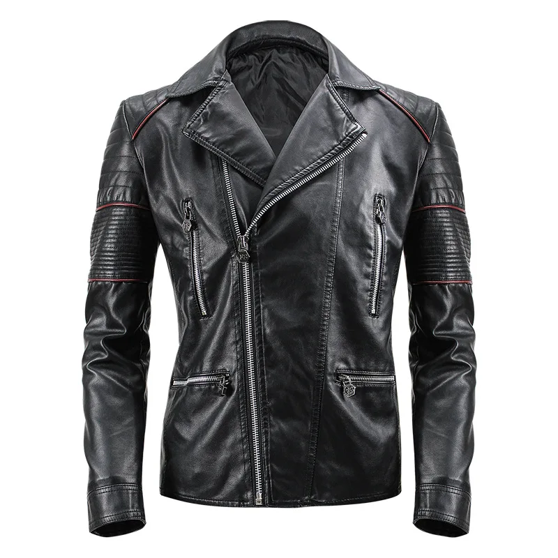 

Motorcycle Biker Leather Jacket Men Fashion Zippers Pleated Designer Black Slim fit Faux PU Leather Jacket Coat for Male New