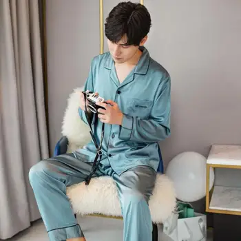 

2020 Autumn New Men Pajamas Suit Solid Sleepwear Casual 2PCS Sleep Suit Satin Nightwear Full Sleeve Shirt&Pants Home Wear