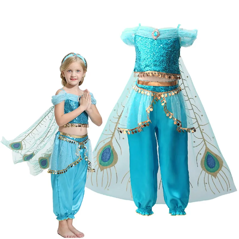 Аладдин жасмин костюмы дети Арабский платье принцессы для девочек с принтом павлина кисточкой оборками индийский танец представление наряды