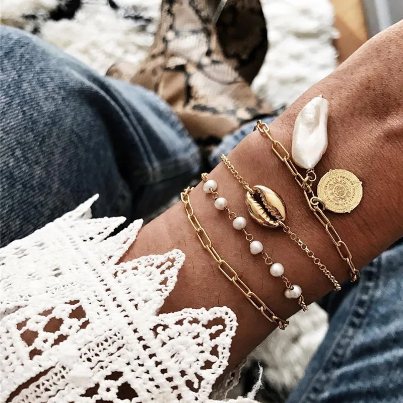 4 шт./компл. богемные в виде ракушки имитация жемчуга Браслеты& браслеты для Для женщин Мода золото звено цепи Браслеты Модные украшения