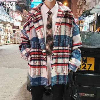 

Wool Men Plaid Retro New Korean Style Streetwear Harajuku Chic Mens Winter Coat Blends All-match Loose 2XL Casual Trendy HOT New