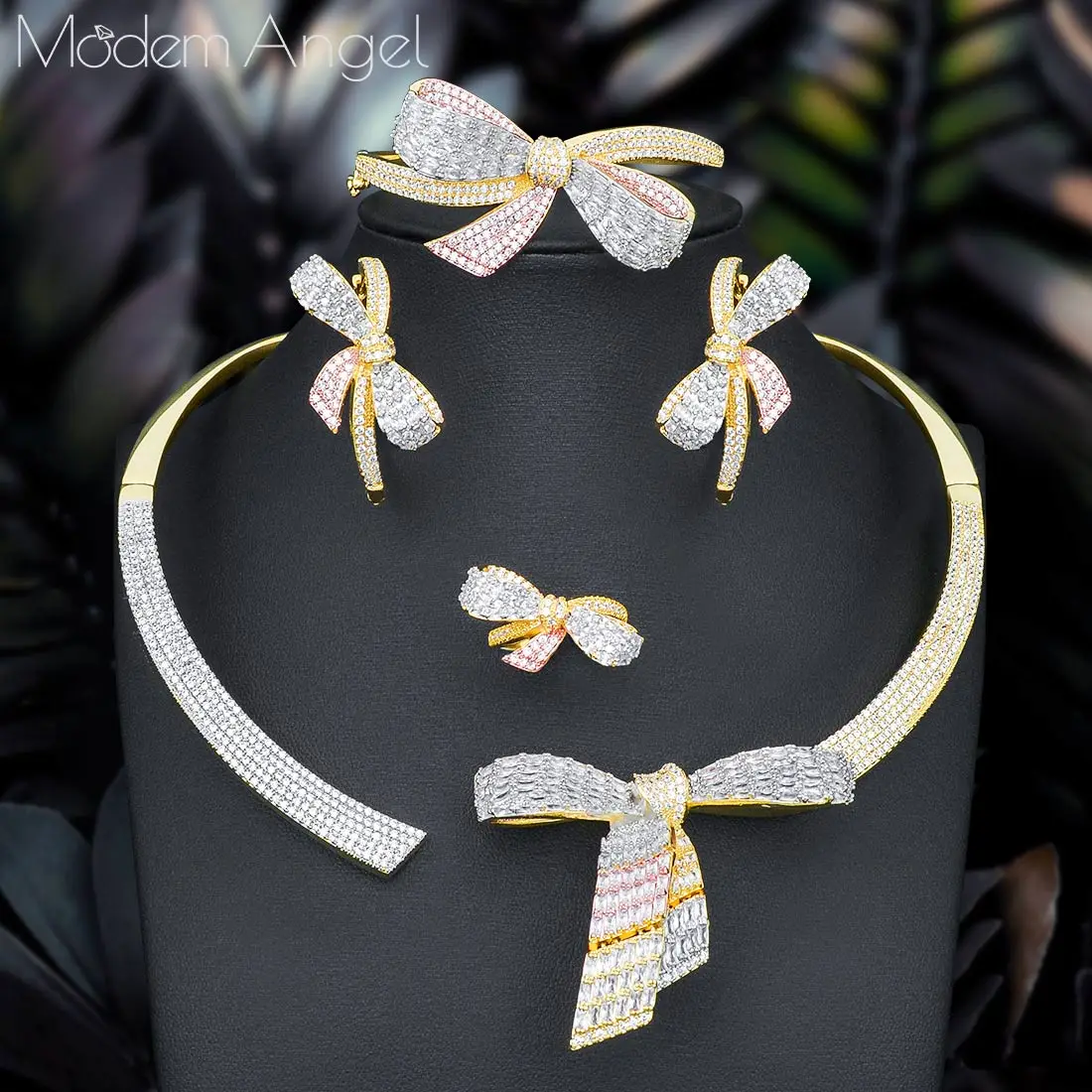 ModemAngel, роскошное Африканское серебряное ожерелье с бантом, набор сережек, ювелирные наборы для женщин, свадебные циркониевые CZ, Дубай, свадебные ювелирные наборы