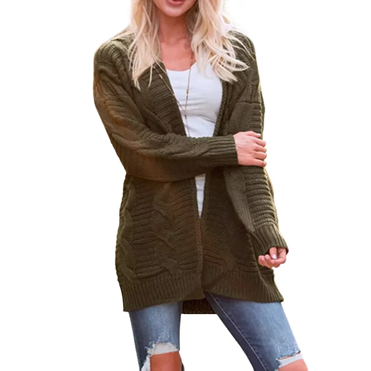 

2019 New Autumn Amazon Hot Selling Twist Cardigan Western Style Solid Color Mid-length Thick Thread Sweater