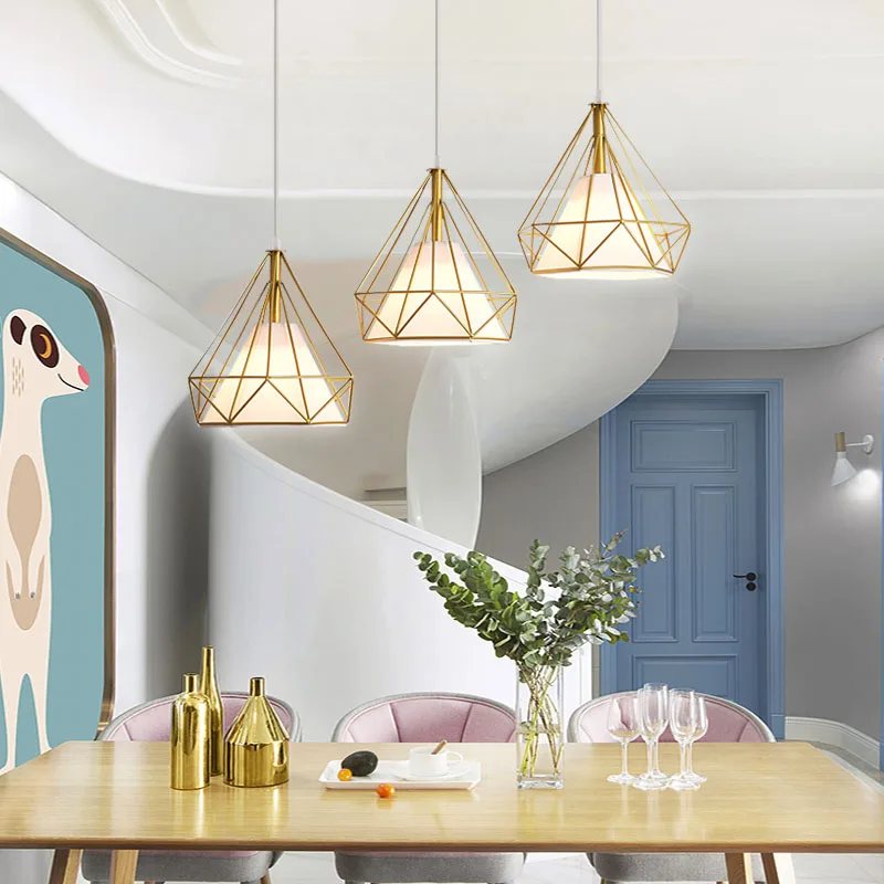 Nordic Wrought Iron Restaurant Pendant 1/3 Heads Creative Personality Diamond Retro Lamps Bar Cafe Living Room Loft Table Lamp | Освещение