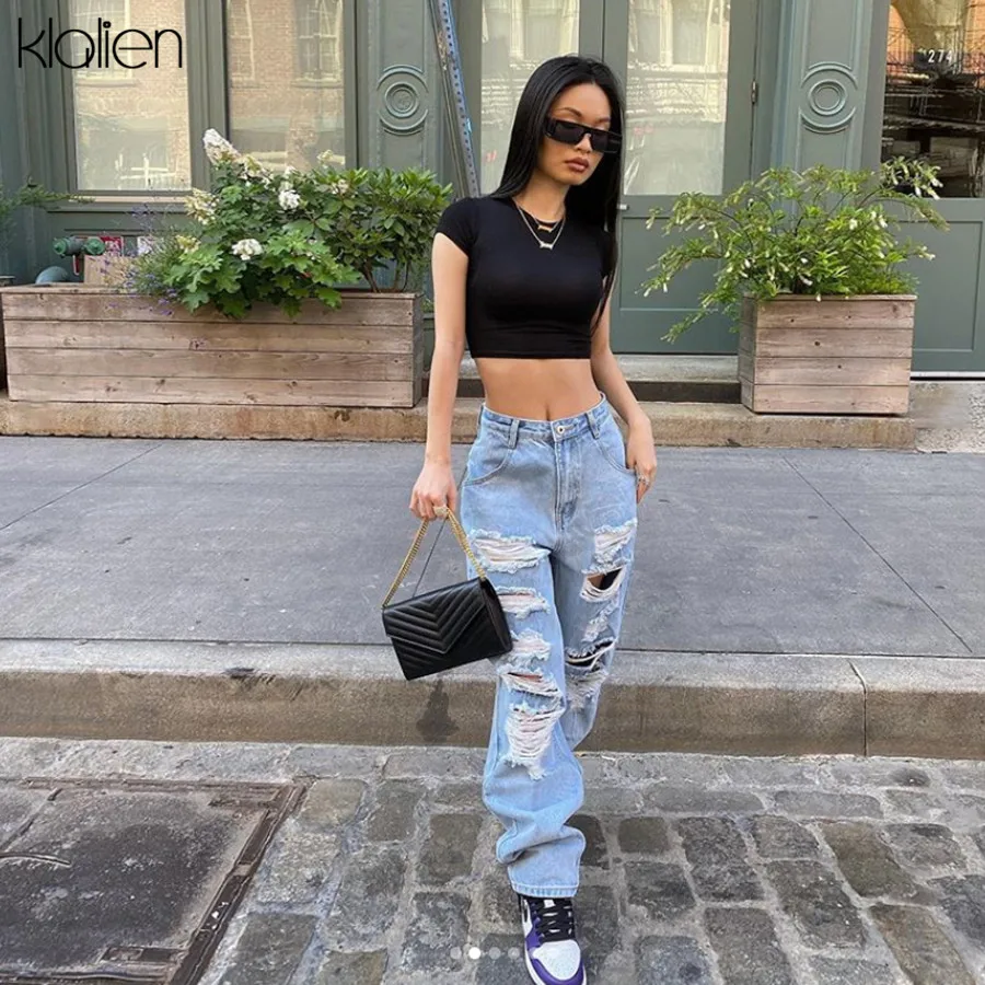 KLALIEN calle Casual suelto agujero alta cintura azul de algodón sólido vaqueros Mujer Oficina vaqueros de pierna ancha otoño tela de pantalón