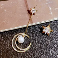 Элегантные Асимметричные висячие серьги-гвоздики с подвеской в виде луны и звезд, модные серьги-гвоздики с имитацией гипоаллергенного жемчуга