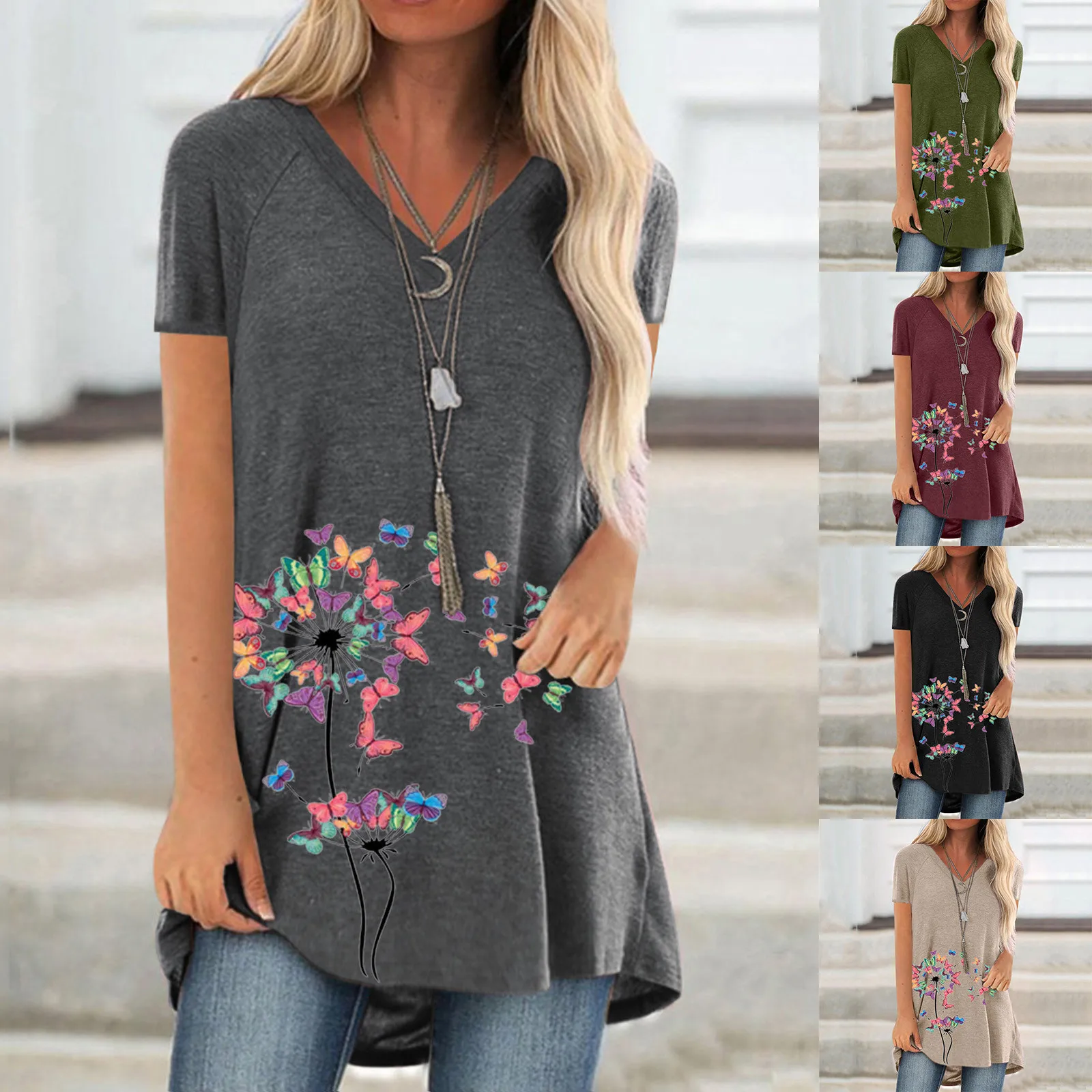 Jersey con estampado informal para mujer, top de longitud media con cuello en V, jersey de manga corta de talla grande, 50 *