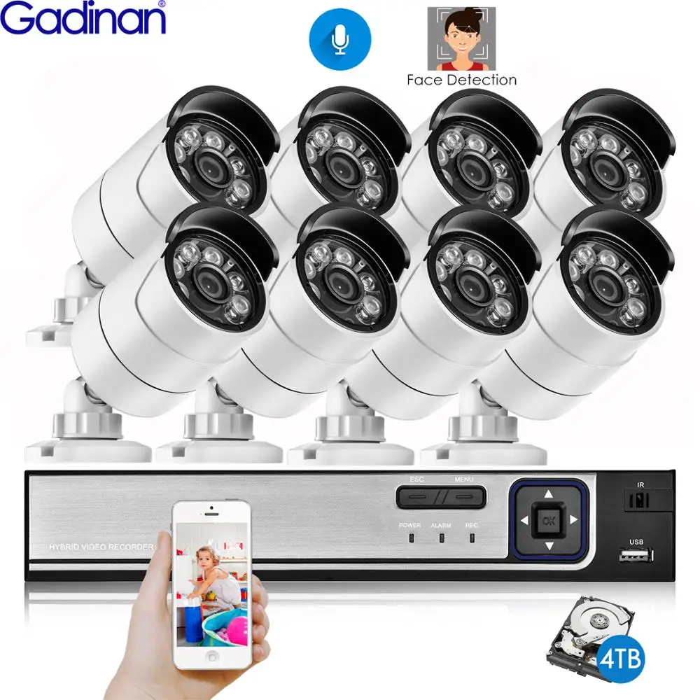 Gadinan 8CH 5MP POE Face Detection Security System 5MP Outdoor Weatherproof IR Night Vision IP POE Camera Surveillance CCTV Kit