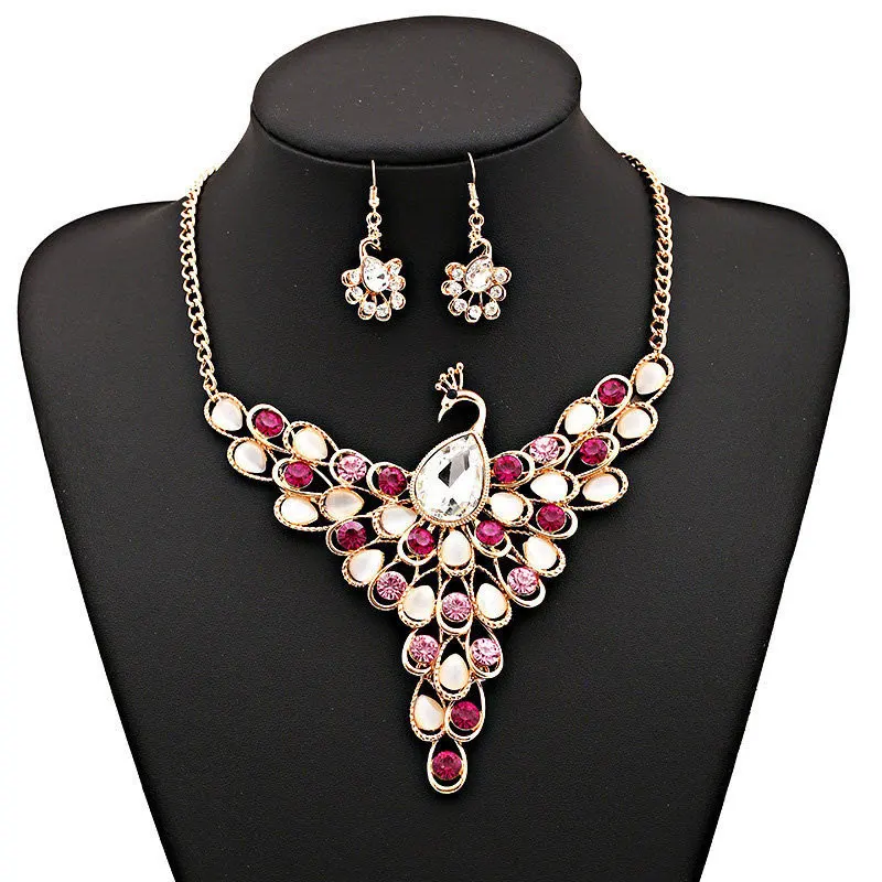 LZHLQ, изысканные стразы, павлин, ожерелье, подвески,, модное женское золотое ожерелье из сплава с кристаллами, большое ожерелье - Окраска металла: Rose red