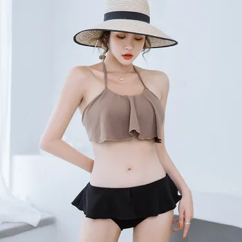 

Tankini Women Swimsuit Woman Two Piece Swimwear For Separate Bathing Suits Girls Split Big Leaf Neck Skirt Push Uping Back Solid