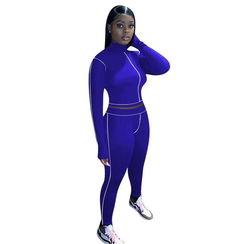 

Lounge wear Striped Solid Tracksuit Women Fitness Turtleneck Long Sleeve Crop Top with Leggings Bodycon Two Piece Set Clothing
