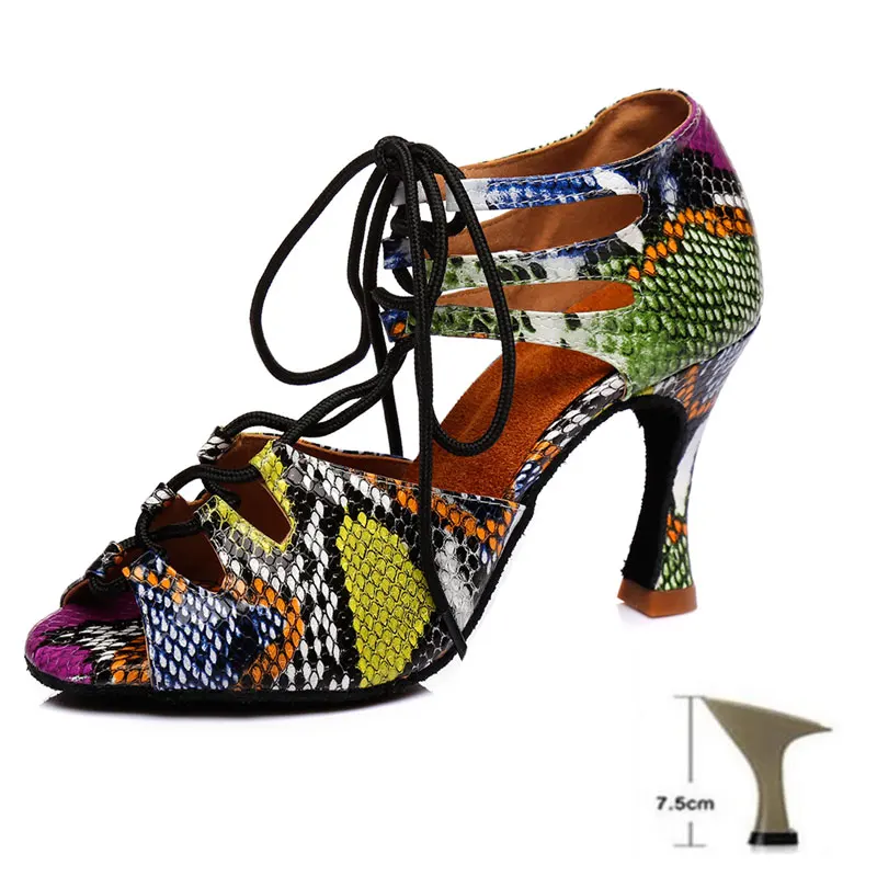 Женская обувь для Танцы девичьи Бальные Обувь для танцев латинских танцев Высокий каблук женские Туфли для латинских танцев около 6/7. 5/8. 5/9/сандалии до щиколотки на высоком каблуке 10 см - Цвет: Multicolor 7.5CM